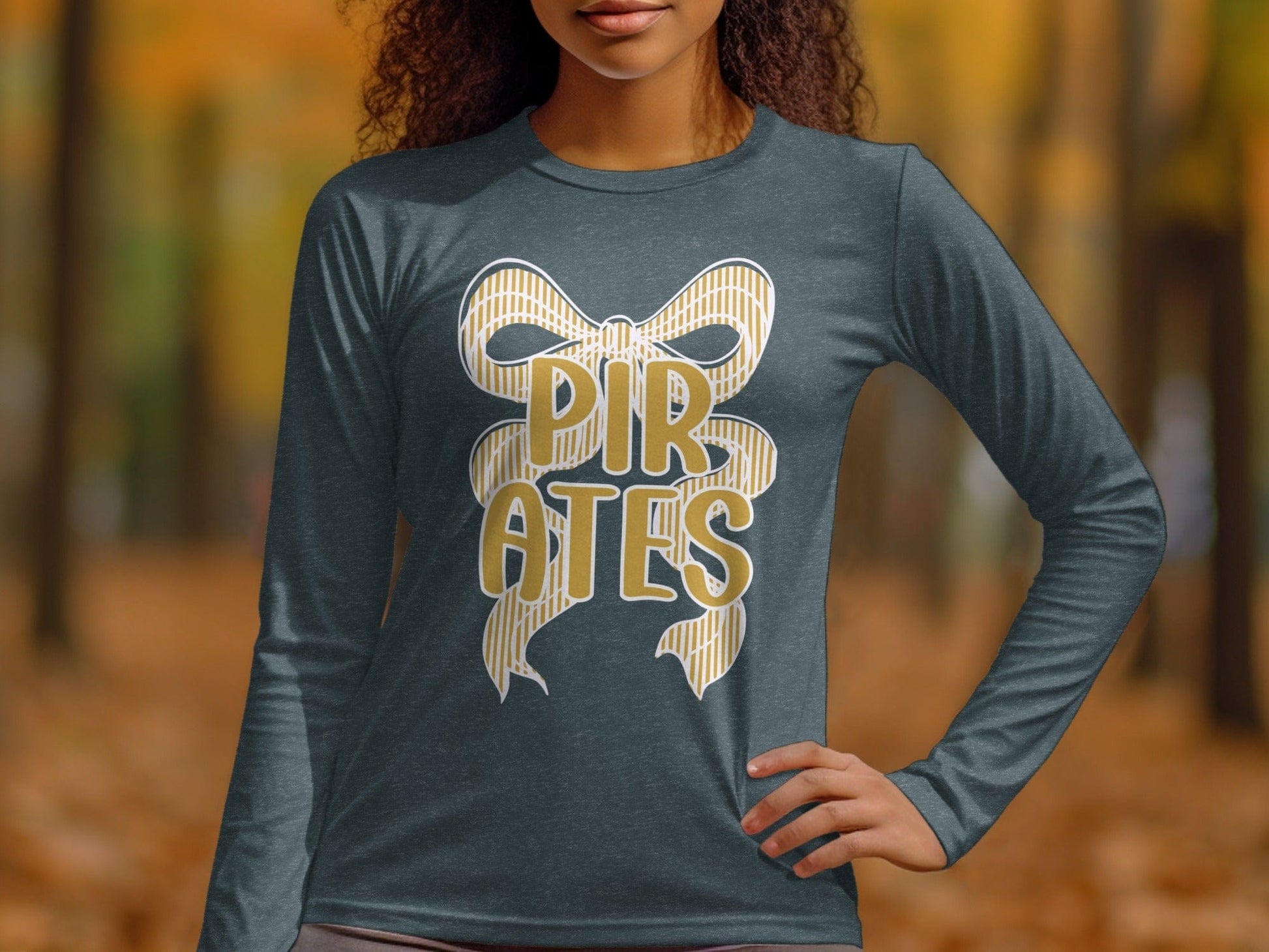 Jen Peete Designs Clothing T-shirts Seersucker Bow "Pirates" Mascot Graphic – Gold and White Striped Design