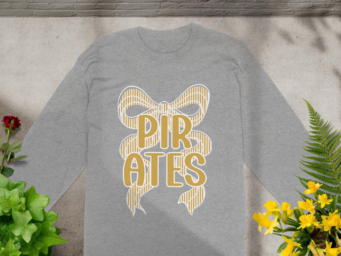 Jen Peete Designs Clothing T-shirts Seersucker Bow "Pirates" Mascot Graphic – Gold and White Striped Design
