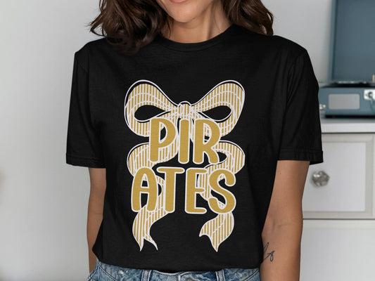 Jen Peete Designs Clothing T-shirts Seersucker Bow "Pirates" Mascot Graphic – Gold and White Striped Design