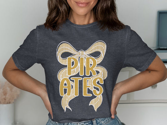 Jen Peete Designs Clothing T-shirts Seersucker Bow "Pirates" Mascot Graphic – Gold and White Striped Design