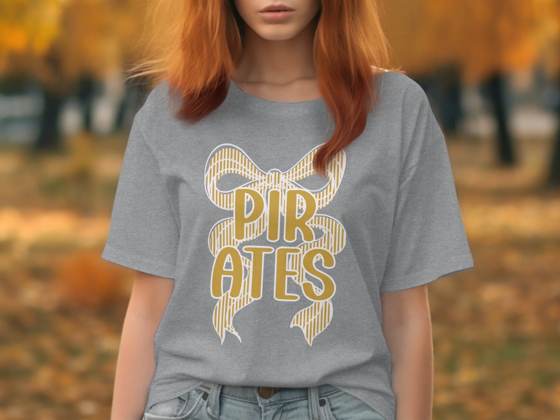 Jen Peete Designs Clothing T-shirts Seersucker Bow "Pirates" Mascot Graphic – Gold and White Striped Design