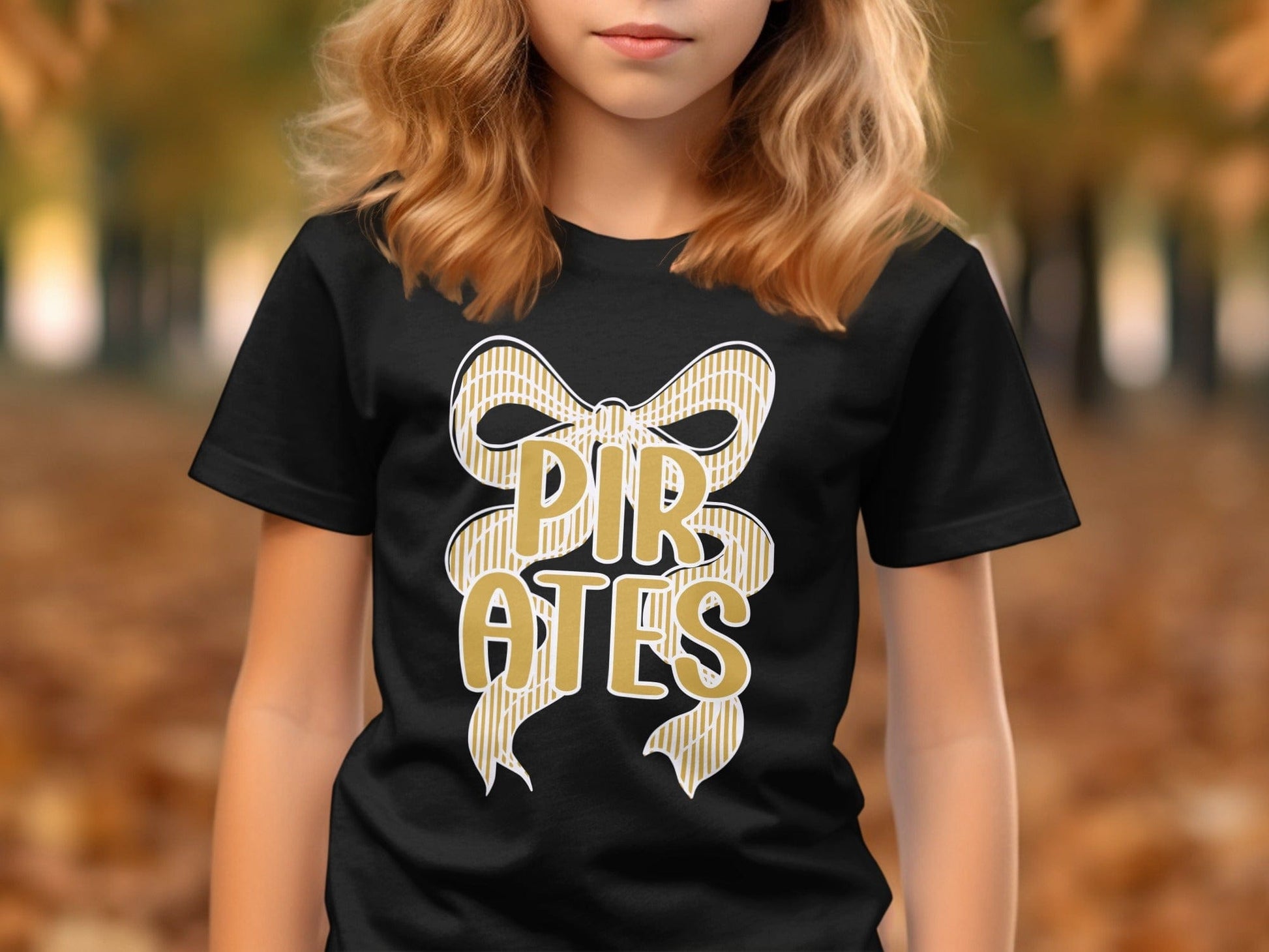 Jen Peete Designs Clothing T-shirts Seersucker Bow "Pirates" Mascot Graphic – Gold and White Striped Design
