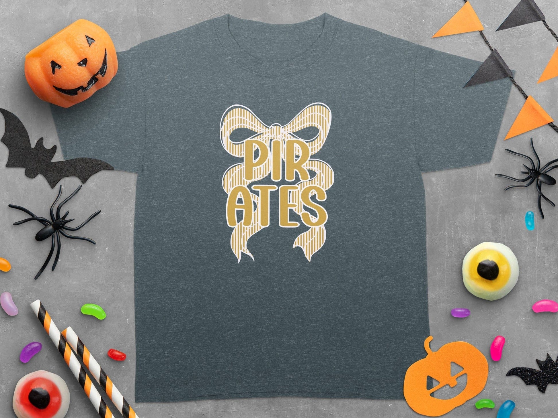 Jen Peete Designs Clothing T-shirts Seersucker Bow "Pirates" Mascot Graphic – Gold and White Striped Design