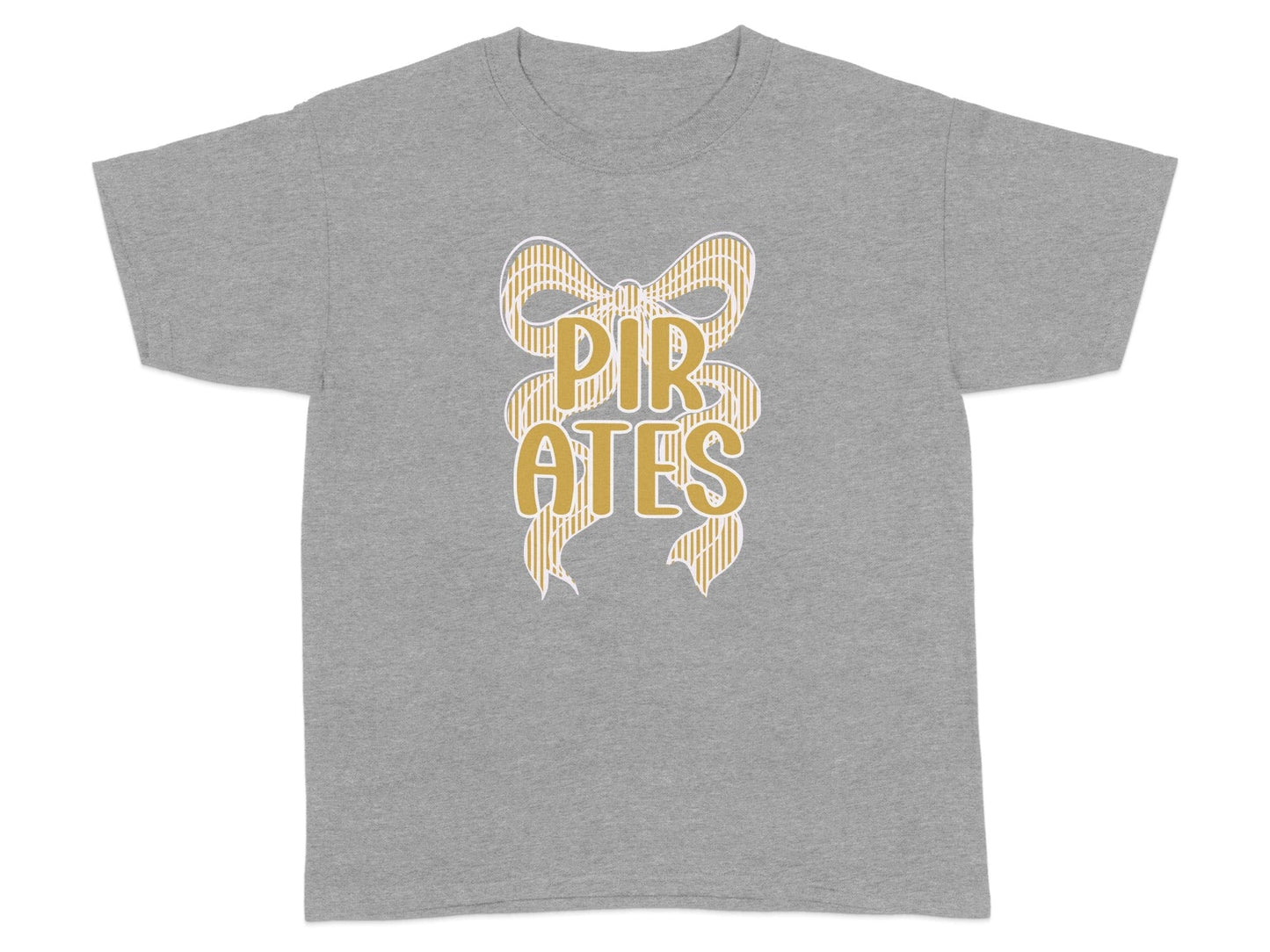 Jen Peete Designs Clothing T-shirts Seersucker Bow "Pirates" Mascot Graphic – Gold and White Striped Design