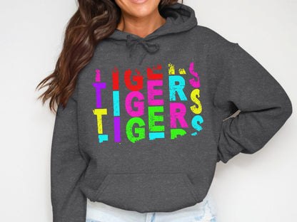 JPD Clothing T-shirts Tigers Colorful Bold Text Design in Short-Sleeve, Long-Sleeve, Crewnecks, and Hoodies