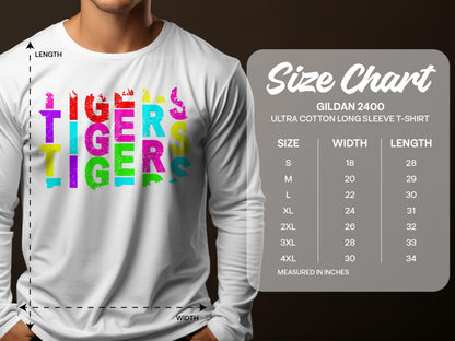 JPD Clothing T-shirts Tigers Colorful Bold Text Design in Short-Sleeve, Long-Sleeve, Crewnecks, and Hoodies