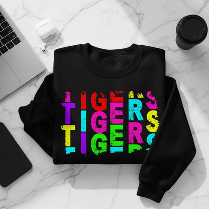 JPD Clothing T-shirts Tigers Colorful Bold Text Design in Short-Sleeve, Long-Sleeve, Crewnecks, and Hoodies