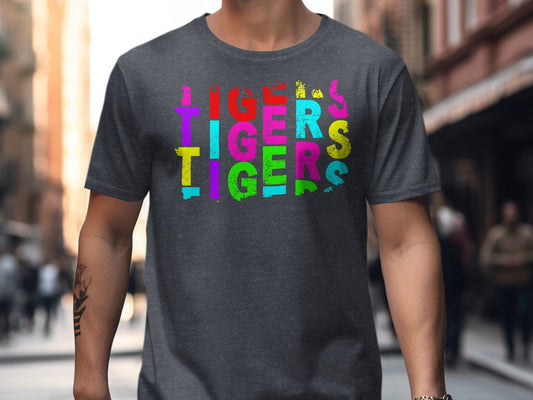 JPD Clothing T-shirts Tigers Colorful Bold Text Design in Short-Sleeve, Long-Sleeve, Crewnecks, and Hoodies