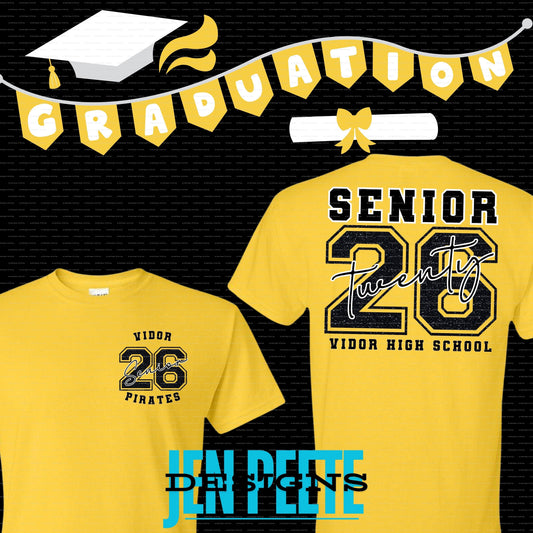 Jen Peete Designs Clothing T-shirts Vidor Pirates Senior 2026 Black Glitter T-Shirt