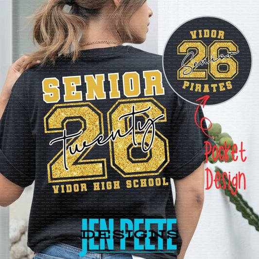 Jen Peete Designs Clothing T-shirts Vidor Pirates Senior 2026 Gold Glitter T-Shirt