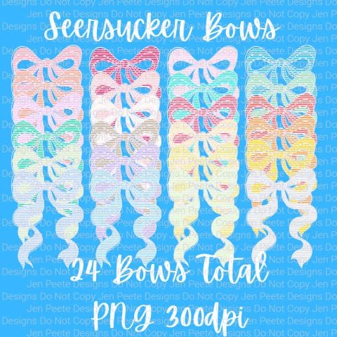 Jen Peete Designs Digital Seersucker Bows Clipart Bundle – 24 Pastel Ribbon PNGs, 300 DPI
