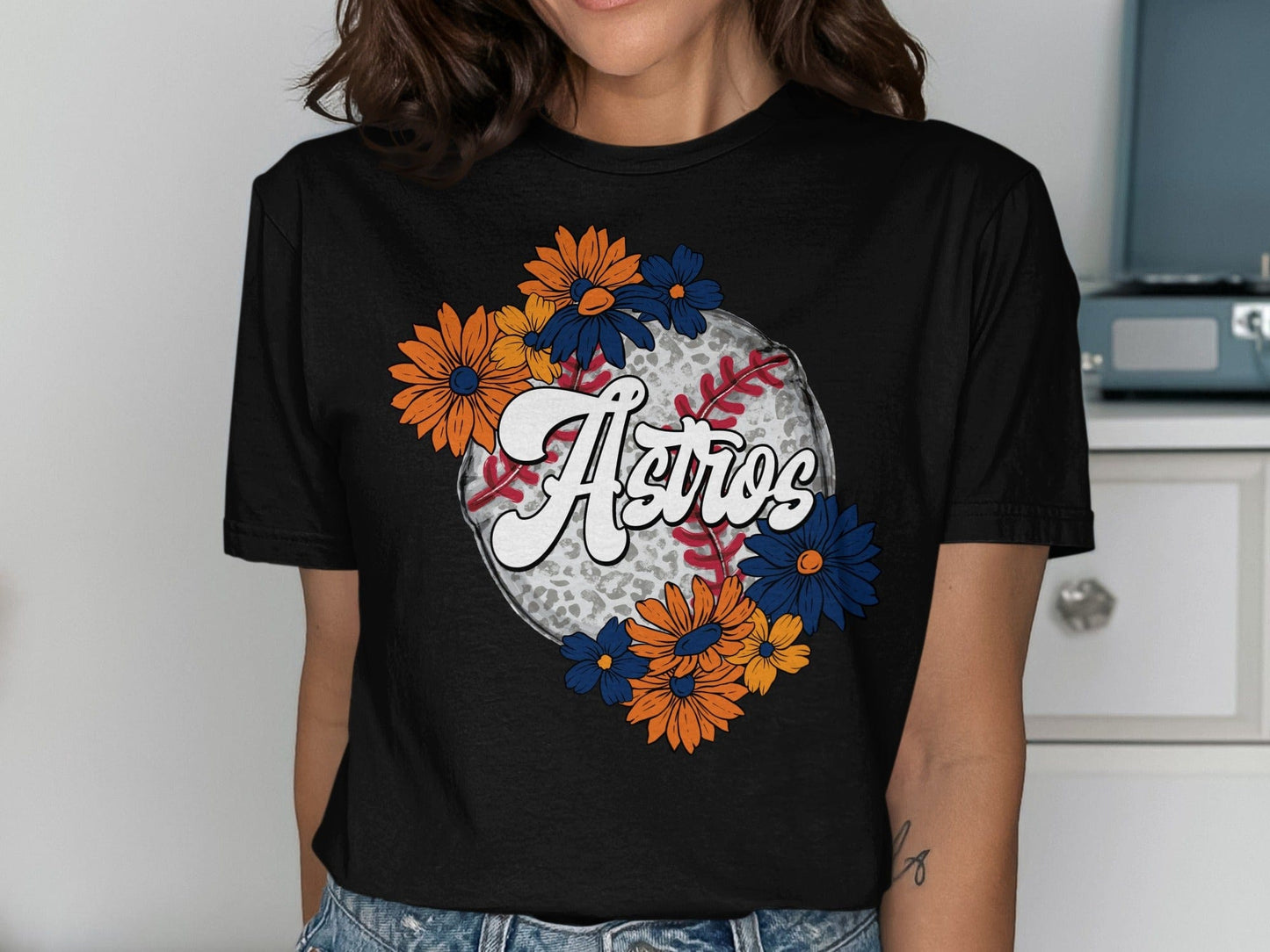 JPD Physical Item Astros Baseball Floral Design Graphic Team Spirit T-Shirt