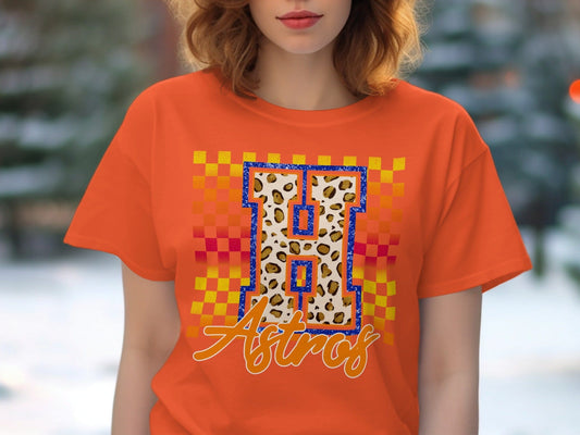 JPD Physical Item Astros H Letter with Cheetah Texture T-Shirt