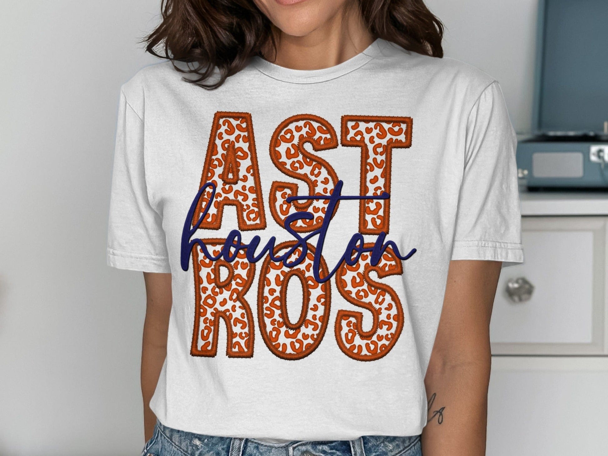 JPD Physical Item Astros in Leopard Print with Houston Script Above T-Shirt