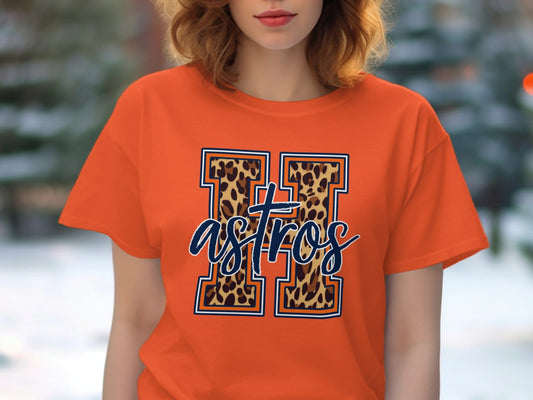 JPD Physical Item Astros Team Leopard Print Design Graphic T-Shirt