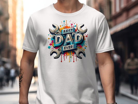 Jen Peete Designs Physical Item Best Dad Ever Tools Colorful Splatter Design T-Shirt