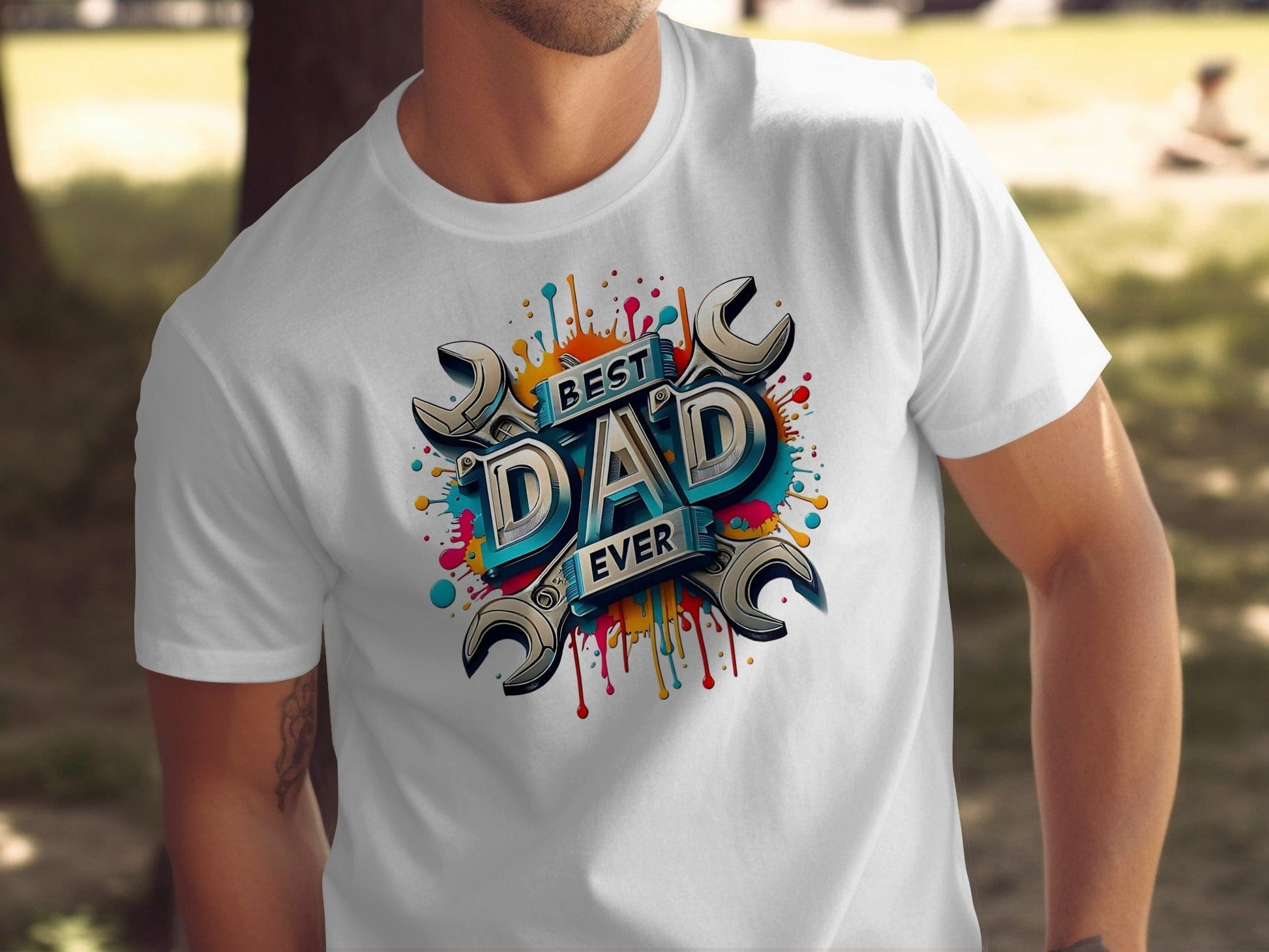 Jen Peete Designs Physical Item Best Dad Ever Tools Colorful Splatter Design T-Shirt