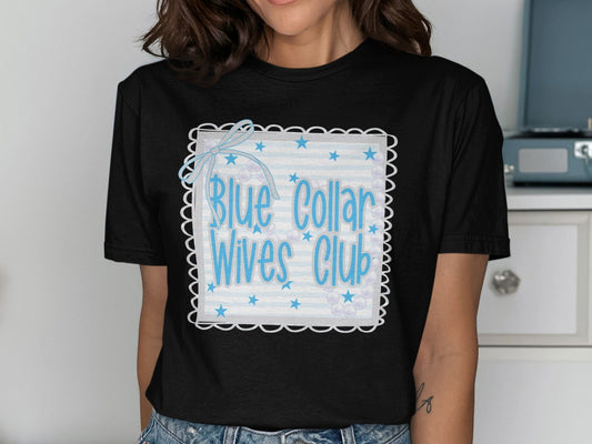 Jen Peete Designs Physical Item Blue Collar Wives Club with Pearls and Bow Graphic T-Shirt
