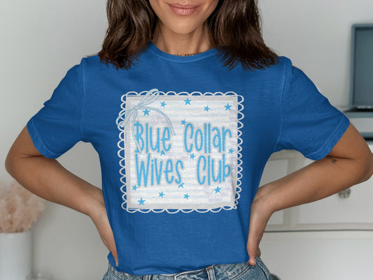 Jen Peete Designs Physical Item Blue Collar Wives Club with Pearls and Bow Graphic T-Shirt