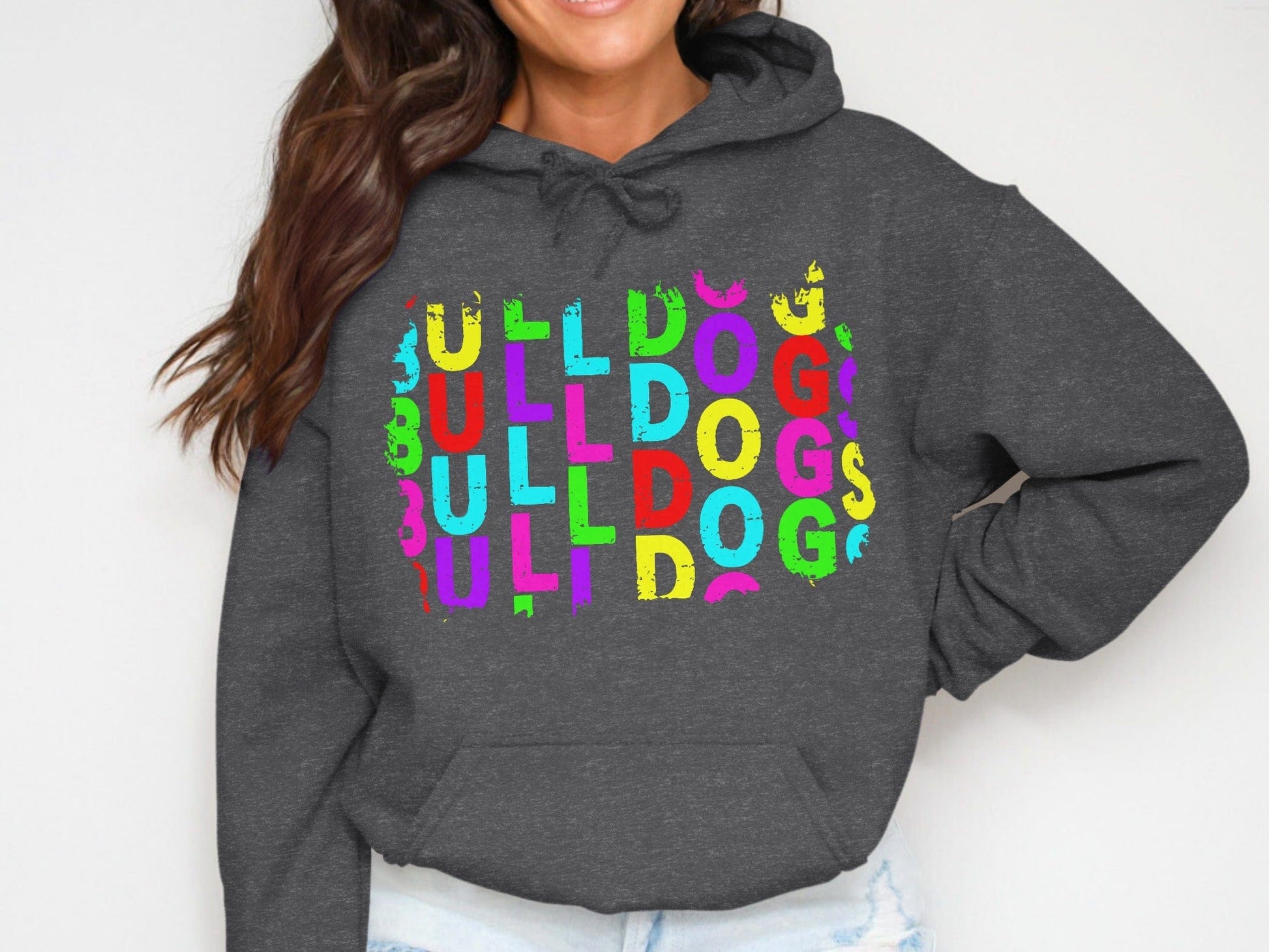 JPD Physical Item Colorful Bulldogs Text Graphic in Short Sleeve, Long Sleeve, Crewnecks, and Hoodies