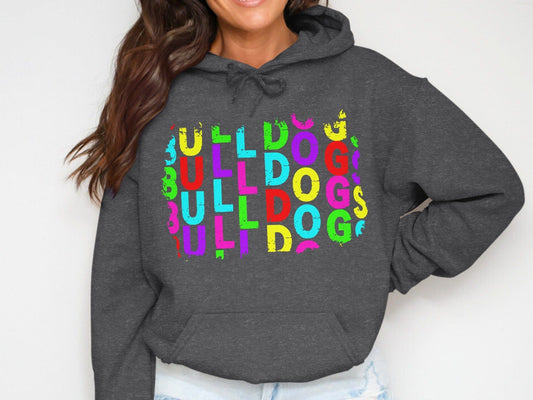 JPD Physical Item Colorful Bulldogs Text Graphic in Short Sleeve, Long Sleeve, Crewnecks, and Hoodies