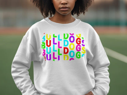 JPD Physical Item Colorful Bulldogs Text Graphic in Short Sleeve, Long Sleeve, Crewnecks, and Hoodies