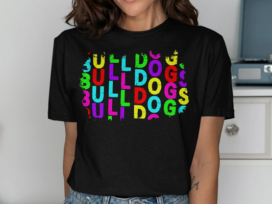 JPD Physical Item Colorful Bulldogs Text Graphic in Short Sleeve, Long Sleeve, Crewnecks, and Hoodies