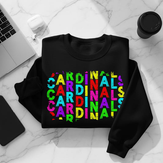 JPD Physical Item Colorful Distressed Cardinals Text Design in Short-Sleeve, Long-Sleeve, Crewnecks, and Hoodies