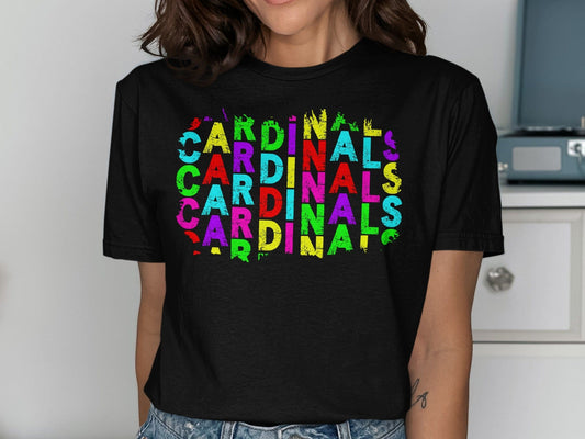 JPD Physical Item Colorful Distressed Cardinals Text Design in Short-Sleeve, Long-Sleeve, Crewnecks, and Hoodies