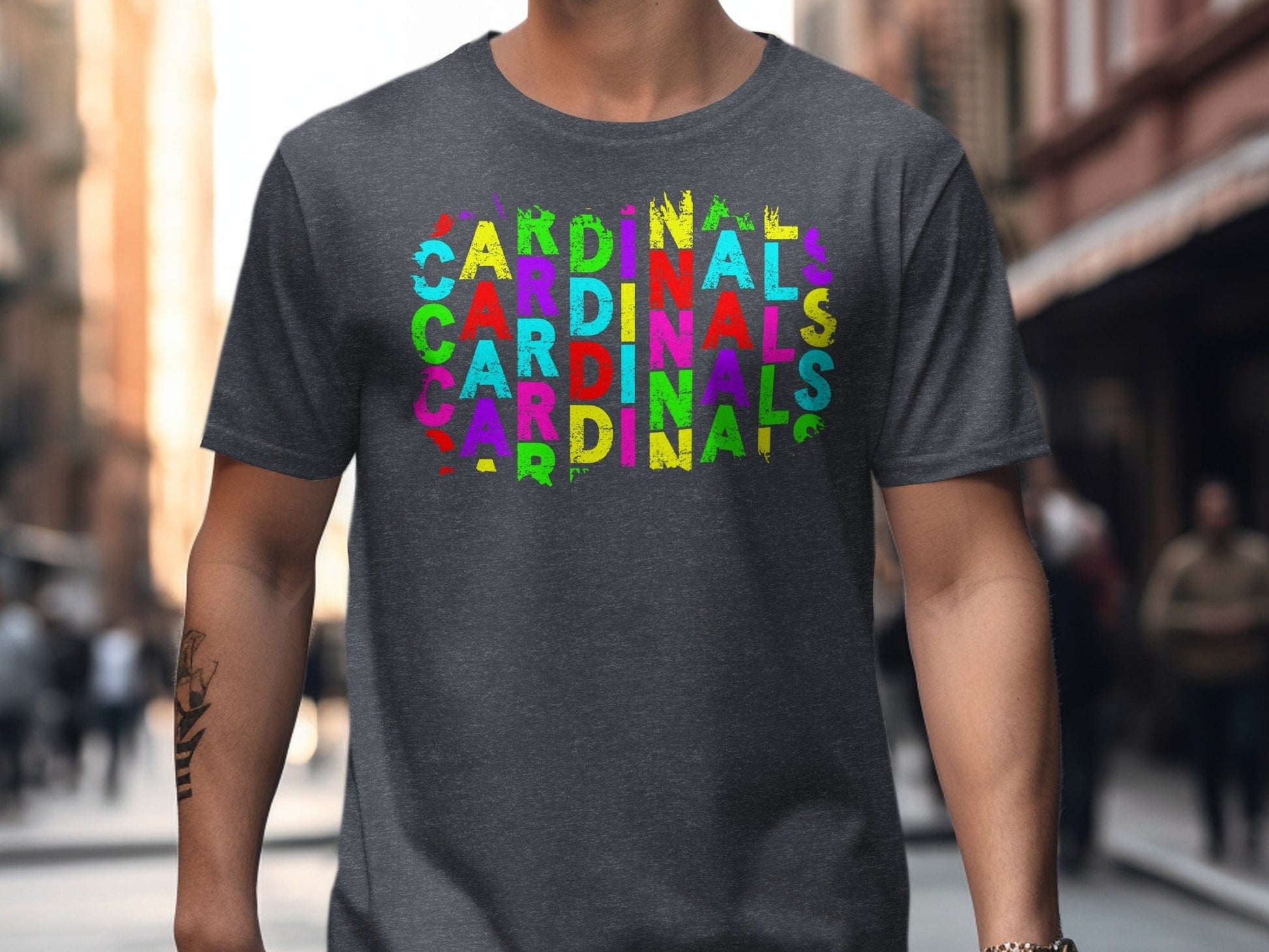 JPD Physical Item Colorful Distressed Cardinals Text Design in Short-Sleeve, Long-Sleeve, Crewnecks, and Hoodies