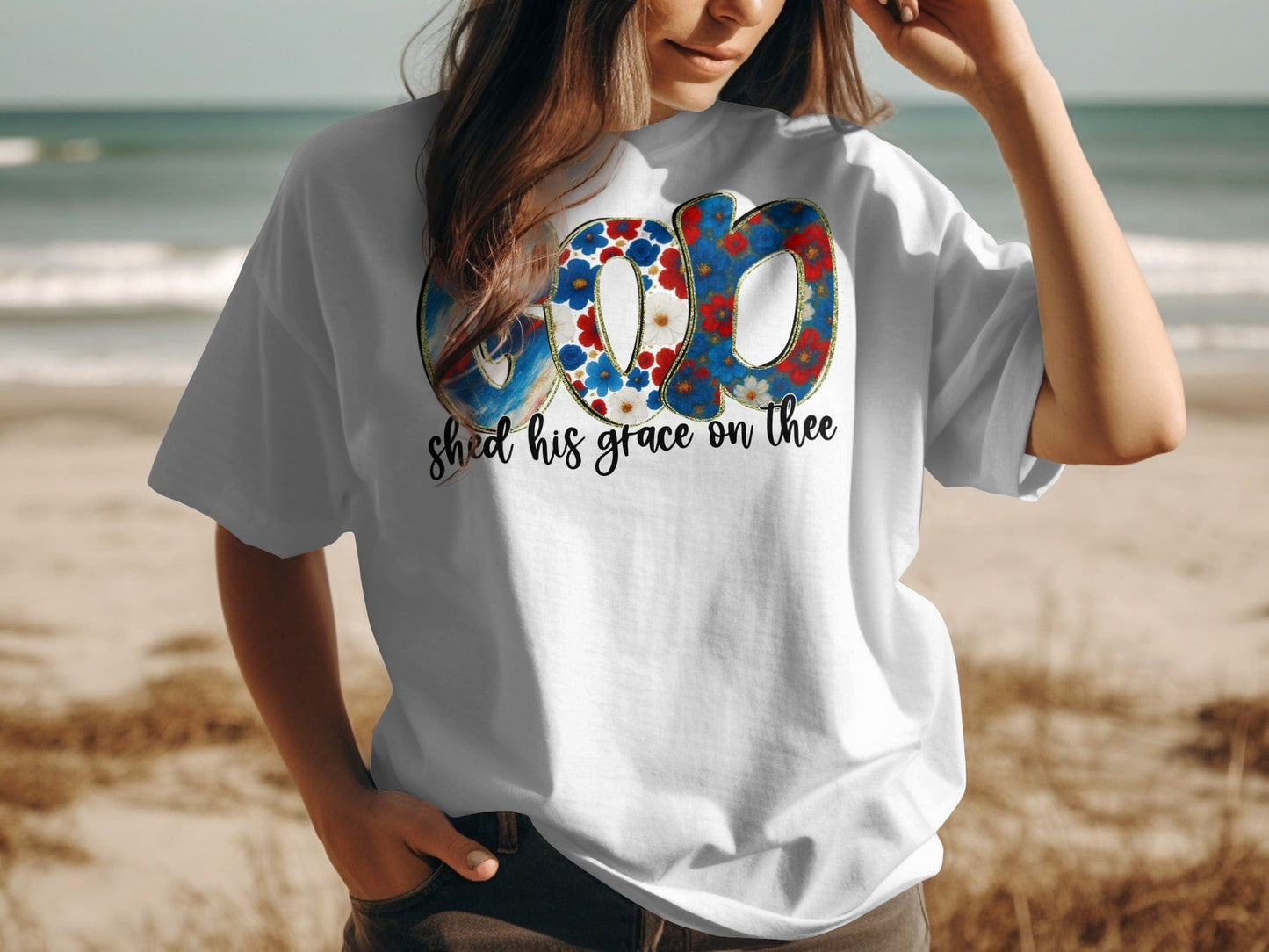 Jen Peete Designs Physical Item GOD Shed His Grace Patriotic Floral Art Style T-Shirt