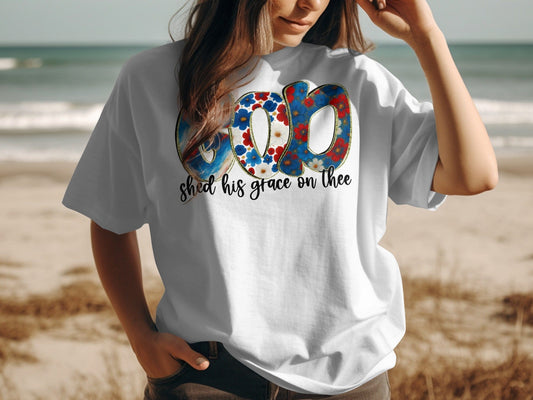 Jen Peete Designs Physical Item GOD Shed His Grace Patriotic Floral Art Style T-Shirt