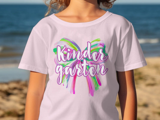 Jen Peete Designs Physical Item Kindergarten Colorful Brush Strokes Bow Back to School T-Shirt