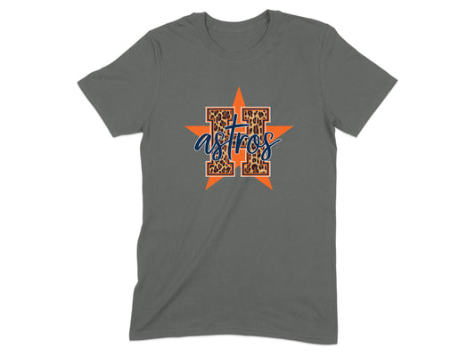 JPD Physical Item Leopard Astros H Logo over Orange Star Graphic Design T-Shirt
