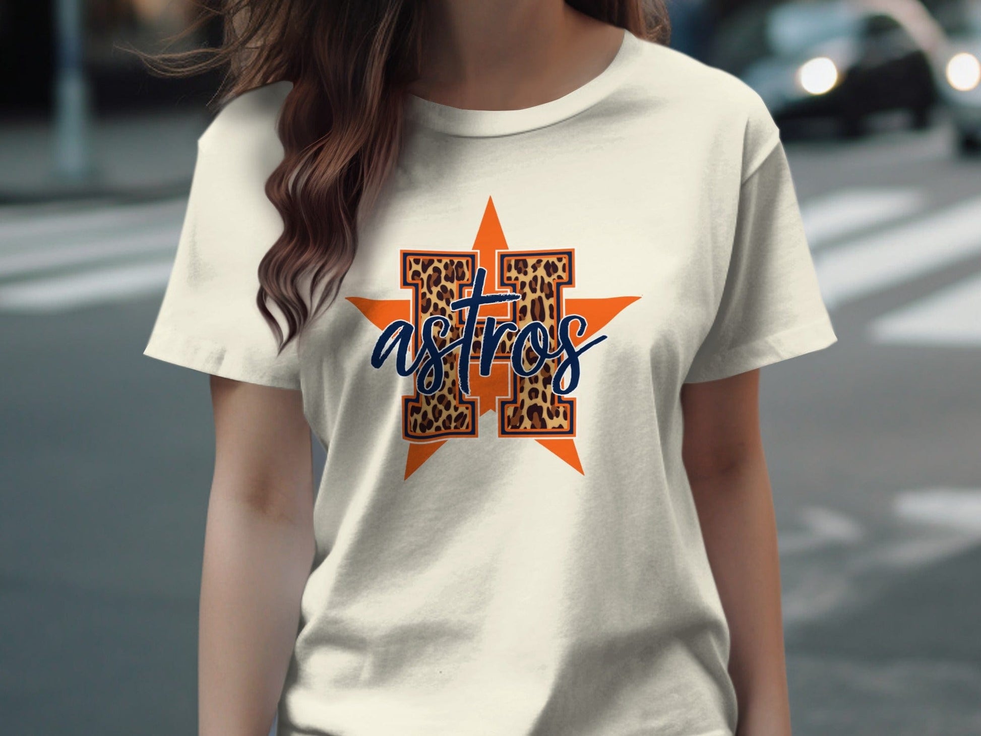 JPD Physical Item Leopard Astros H Logo over Orange Star Graphic Design T-Shirt