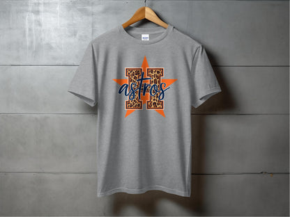 JPD Physical Item Leopard Astros H Logo over Orange Star Graphic Design T-Shirt