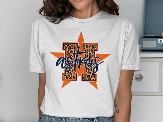 JPD Physical Item Leopard Astros H Logo over Orange Star Graphic Design T-Shirt