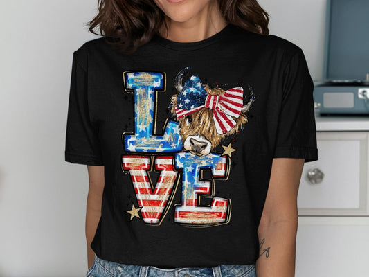 Jen Peete Designs Physical Item Love Highland Cow Patriotic USA Flag Stars T-Shirt