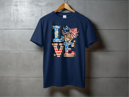 Jen Peete Designs Physical Item Love Highland Cow Patriotic USA Flag Stars T-Shirt