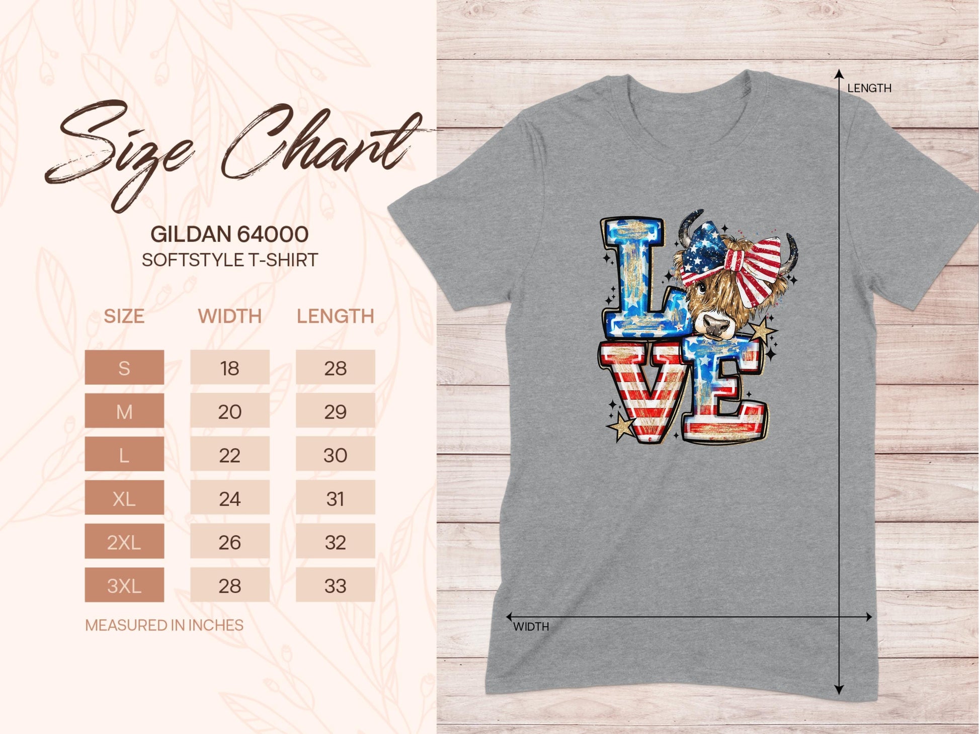 Jen Peete Designs Physical Item Love Highland Cow Patriotic USA Flag Stars T-Shirt