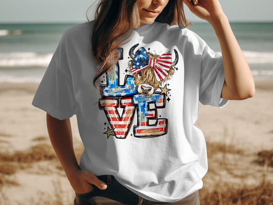 Jen Peete Designs Physical Item Love Highland Cow Patriotic USA Flag Stars T-Shirt