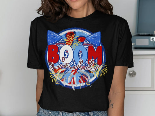 Jen Peete Designs Physical Item Patriotic BOOM Yall With Fireworks Design Awesome T-Shirt