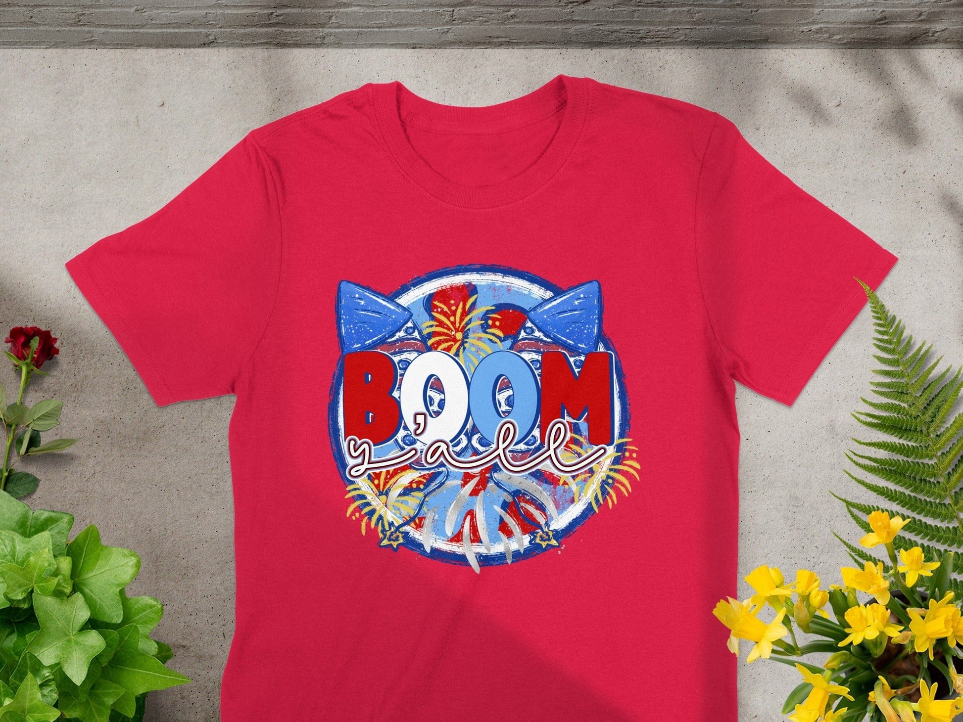 Jen Peete Designs Physical Item Patriotic BOOM Yall With Fireworks Design Awesome T-Shirt