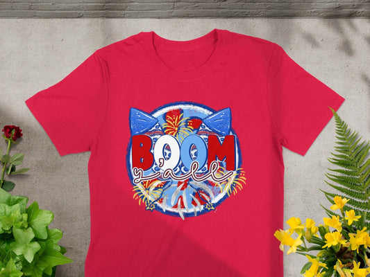 Jen Peete Designs Physical Item Patriotic BOOM Yall With Fireworks Design Awesome T-Shirt