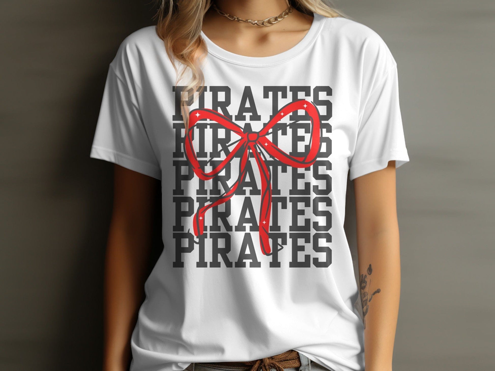Jen Peete Designs Physical Item Pirates With Red Sparkly Bow Spirit Shirt