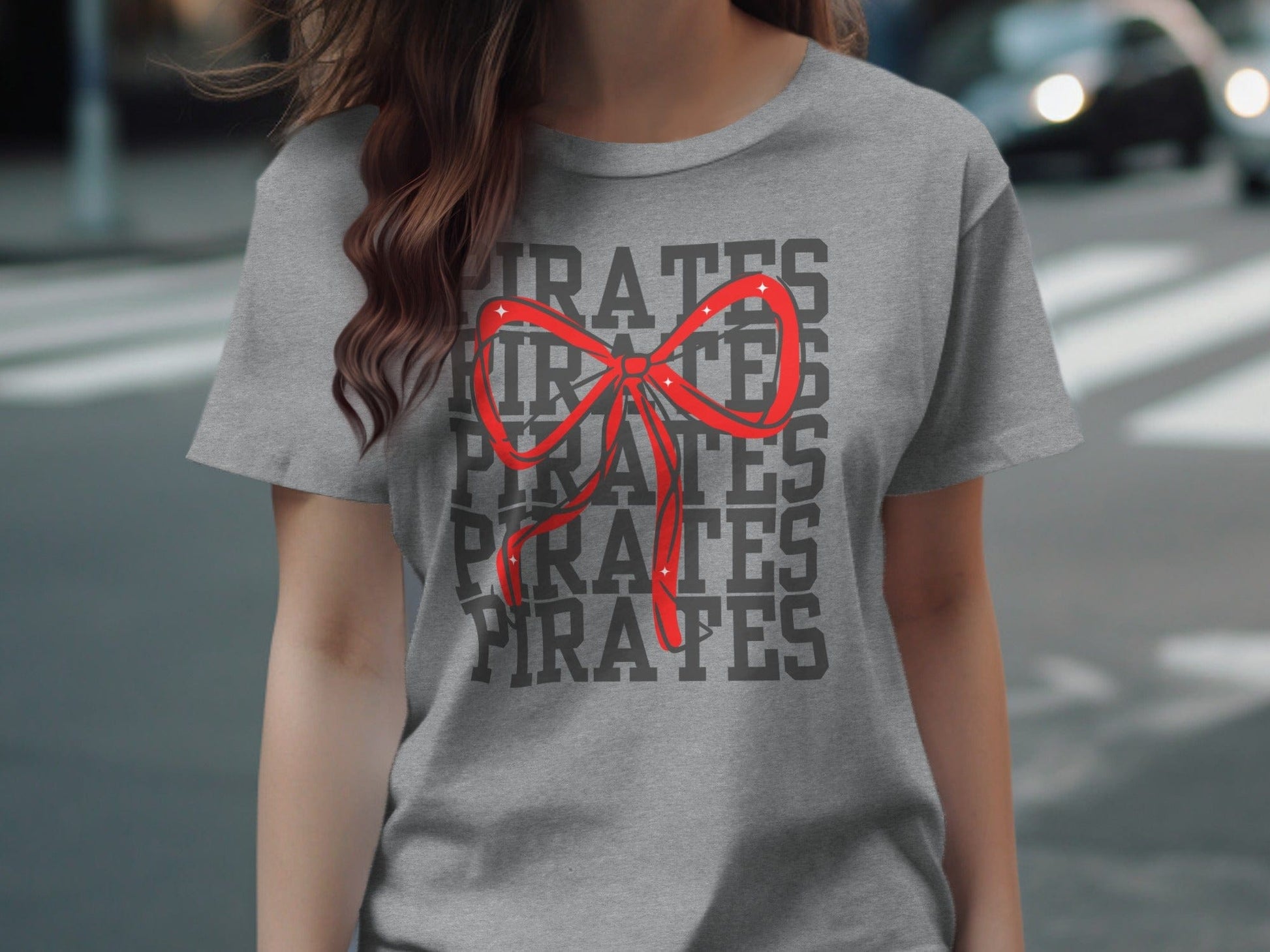 Jen Peete Designs Physical Item Pirates With Red Sparkly Bow Spirit Shirt