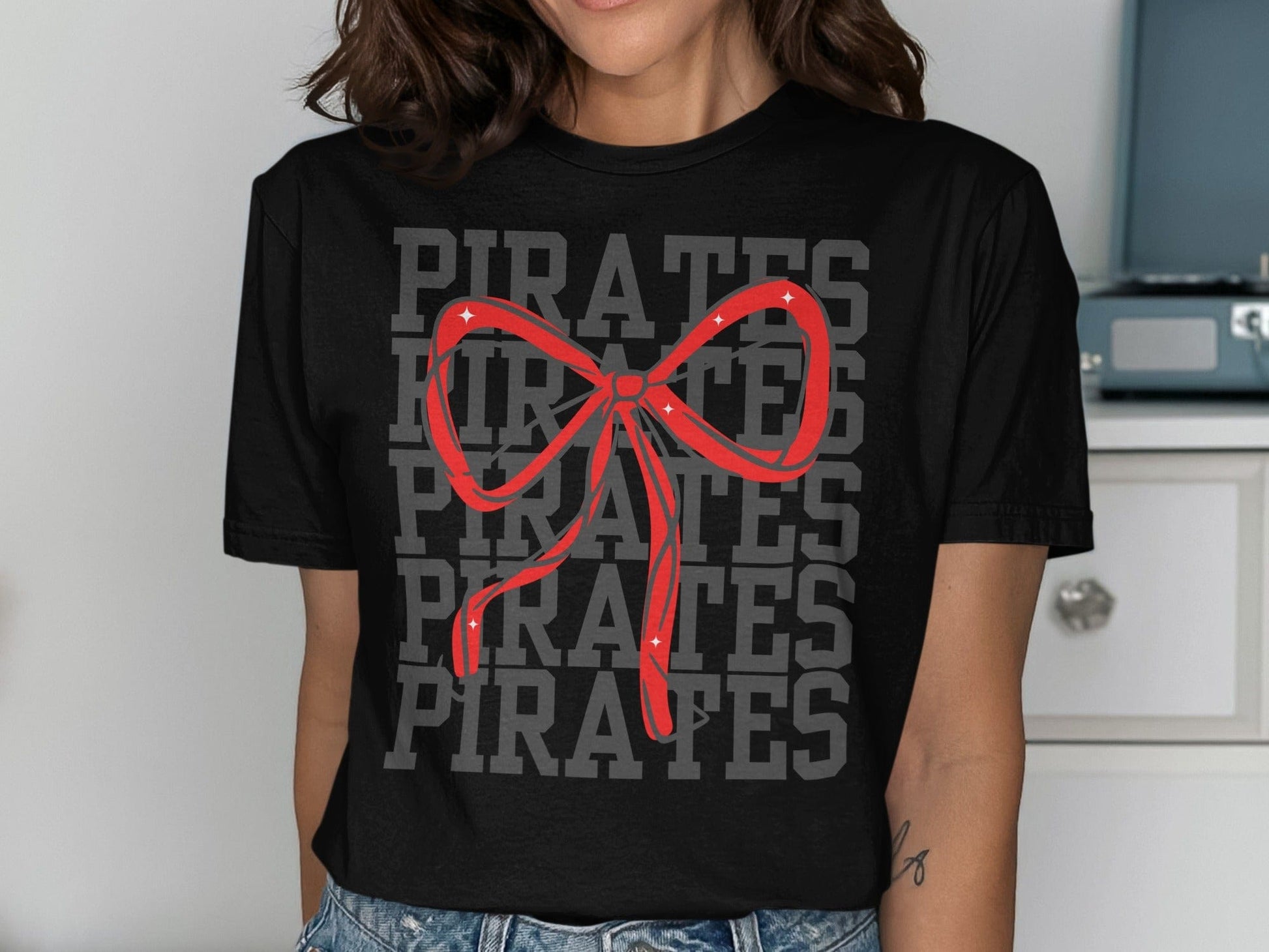 Jen Peete Designs Physical Item Pirates With Red Sparkly Bow Spirit Shirt