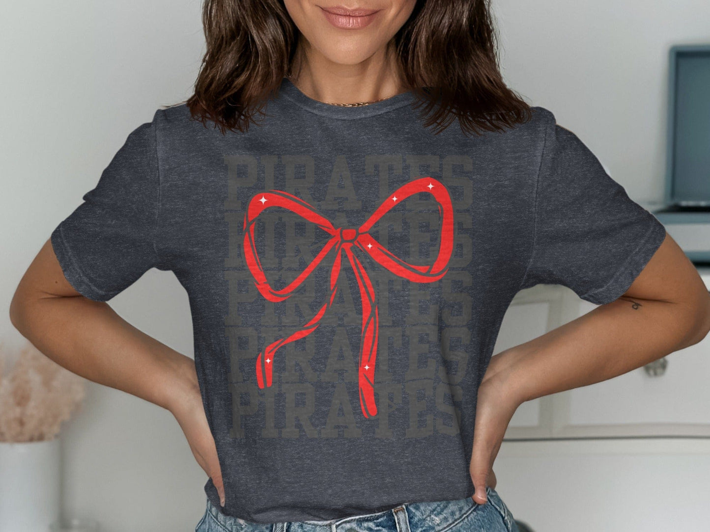 Jen Peete Designs Physical Item Pirates With Red Sparkly Bow Spirit Shirt
