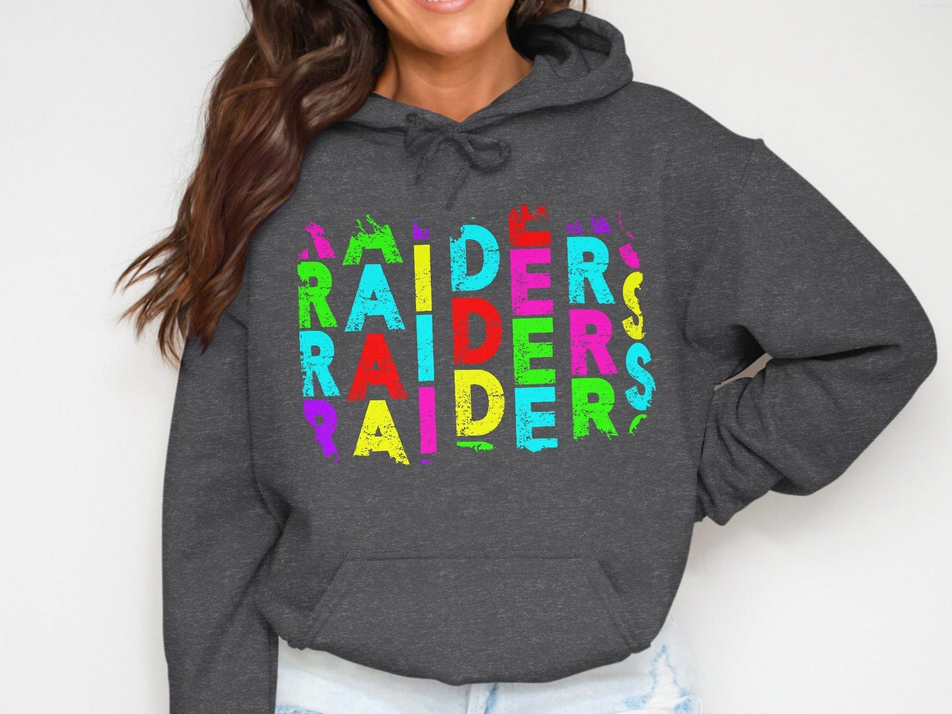 JPD Physical Item Raiders Text Multi Color Distressed Look in Short-Sleeve, Long-Sleeve, Crewnecks, and Hoodies