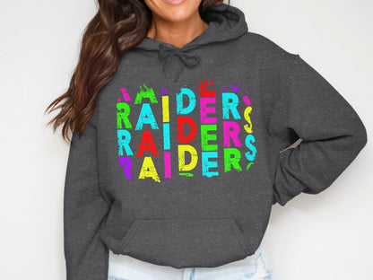 JPD Physical Item Raiders Text Multi Color Distressed Look in Short-Sleeve, Long-Sleeve, Crewnecks, and Hoodies